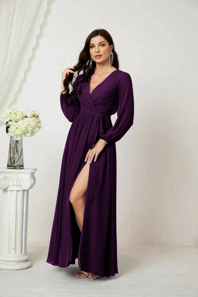 Sunnderly Evening Dresses Deep V-Neck Chiffon Bridesmaid Dresses Long Bishop Sleeve Side Split Formal Dress SY2806 by numbersea