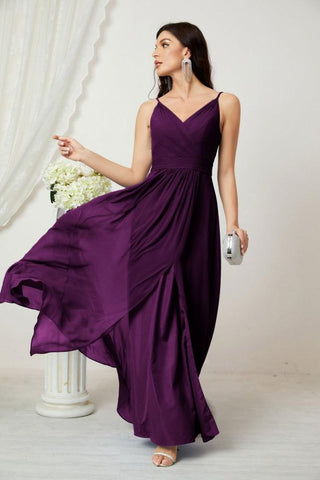 Numbersea Chiffon V-Neck Bridesmaid Dress Spaghetti Strap Long Formal Party Prom Gowns with Slit 28010