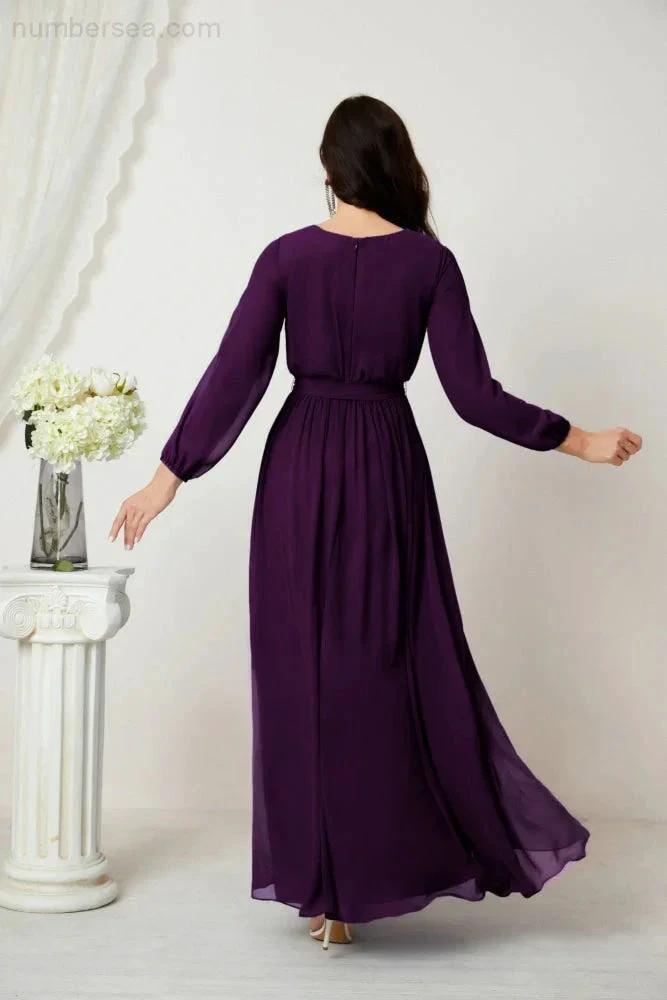Sunnderly Evening Dresses Deep V-Neck Chiffon Bridesmaid Dresses Long Bishop Sleeve Side Split Formal Dress SY2806 by numbersea
