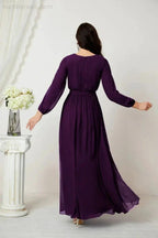 Sunnderly Evening Dresses Deep V-Neck Chiffon Bridesmaid Dresses Long Bishop Sleeve Side Split Formal Dress SY2806 by numbersea