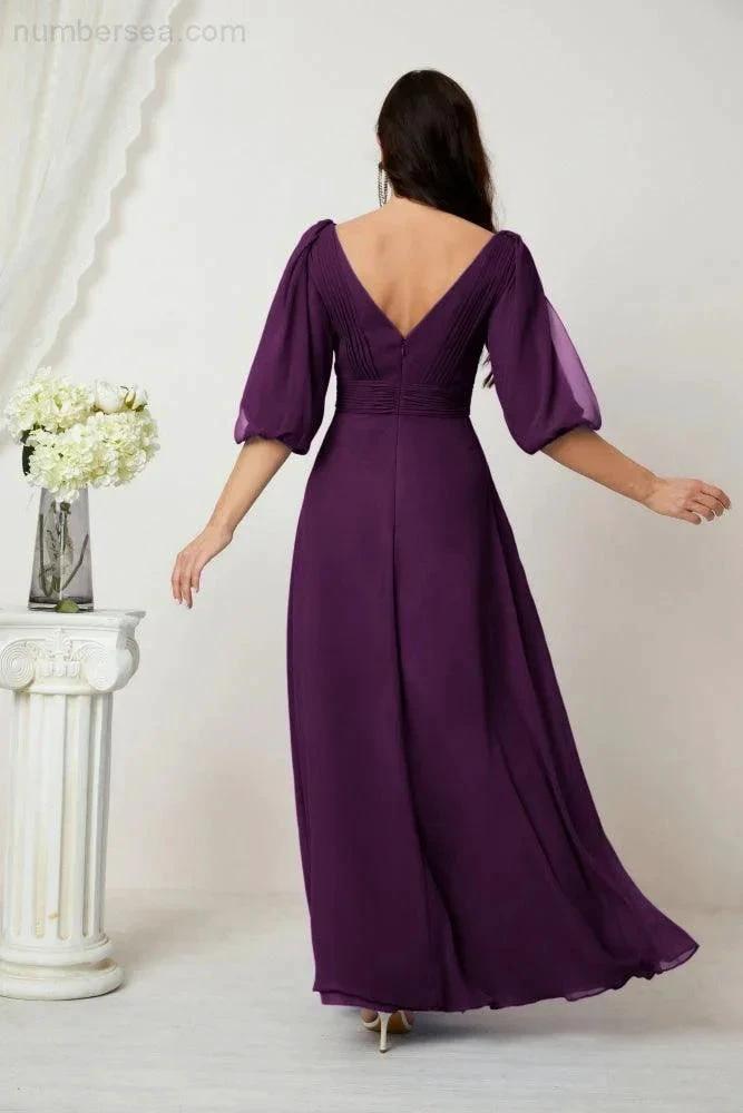Numbersea Formal Prom Gown Women V-Neck Chiffon Bridesmaid Dresses Long Bishop Sleeve Party Dress 2807 by numbersea