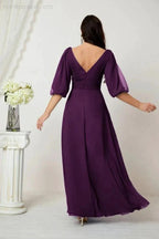 Numbersea Formal Prom Gown Women V-Neck Chiffon Bridesmaid Dresses Long Bishop Sleeve Party Dress 2807 by numbersea