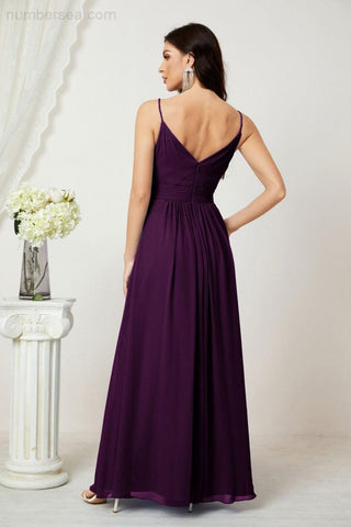 Numbersea Chiffon V-Neck Bridesmaid Dress Spaghetti Strap Long Formal Party Prom Gowns with Slit 28010
