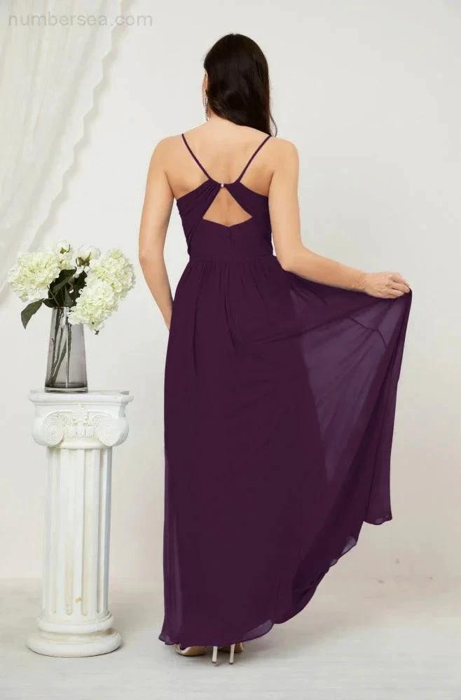Numbersea Neck Bridesmaid Dresses Chiffon Long Spaghetti A-line Formal Prom Gown for Wedding Party Evening 2801 by numbersea
