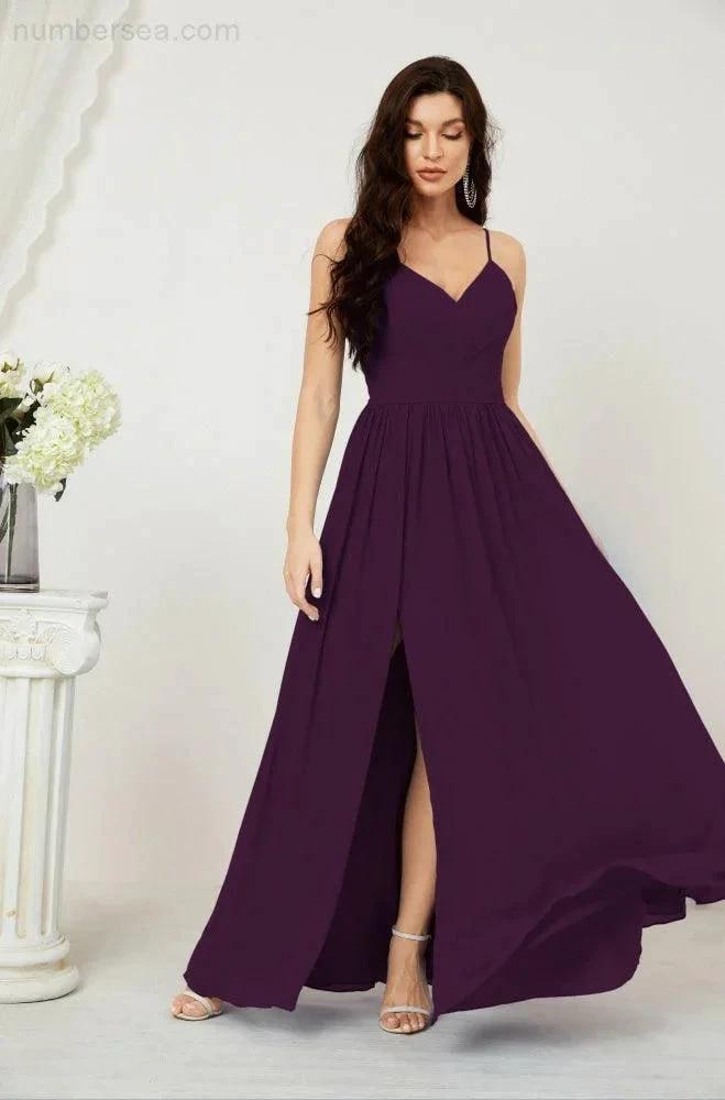 Numbersea Neck Bridesmaid Dresses Chiffon Long Spaghetti A-line Formal Prom Gown for Wedding Party Evening 2801 by numbersea