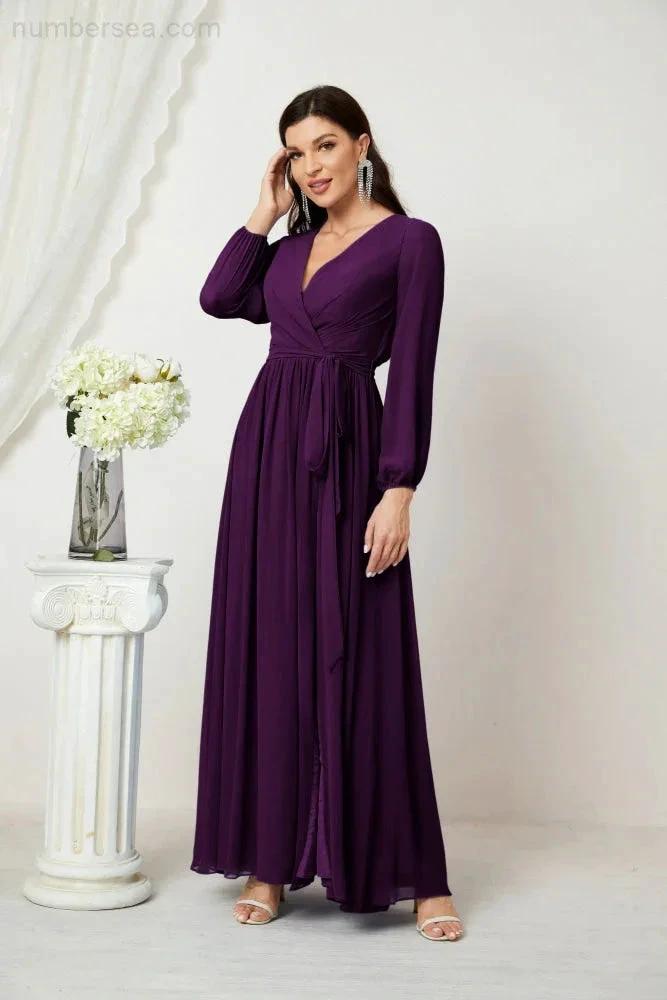 Sunnderly Evening Dresses Deep V-Neck Chiffon Bridesmaid Dresses Long Bishop Sleeve Side Split Formal Dress SY2806 by numbersea