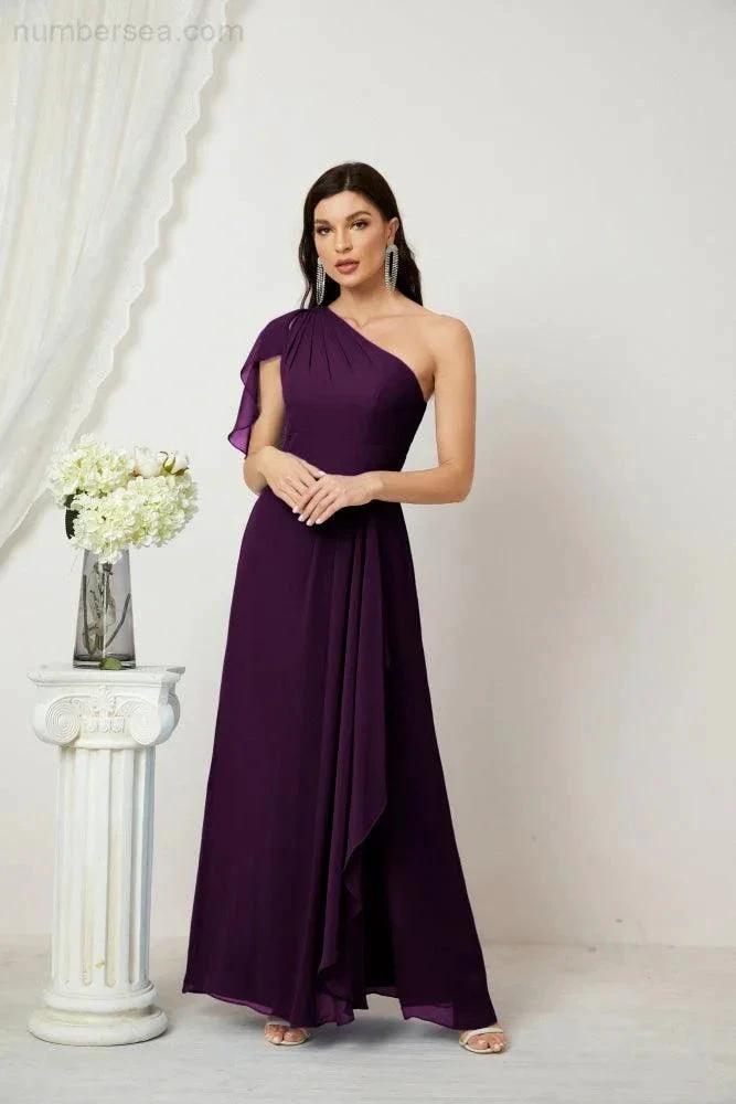 Numbersea Chiffon Ruffled One Shoulder Long Bridesmaid Dresses A-line Formal Evening Gown Side Split 2809 by numbersea