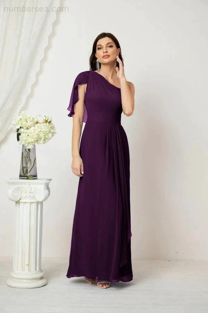 Numbersea Chiffon Ruffled One Shoulder Long Bridesmaid Dresses A-line Formal Evening Gown Side Split 2809 by numbersea