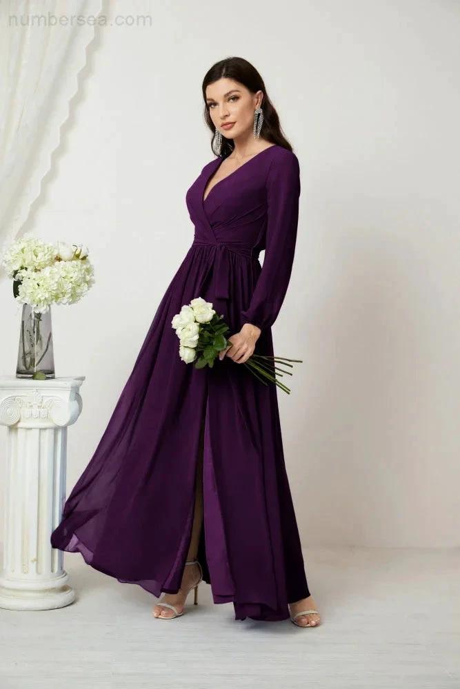 Sunnderly Evening Dresses Deep V-Neck Chiffon Bridesmaid Dresses Long Bishop Sleeve Side Split Formal Dress SY2806 by numbersea