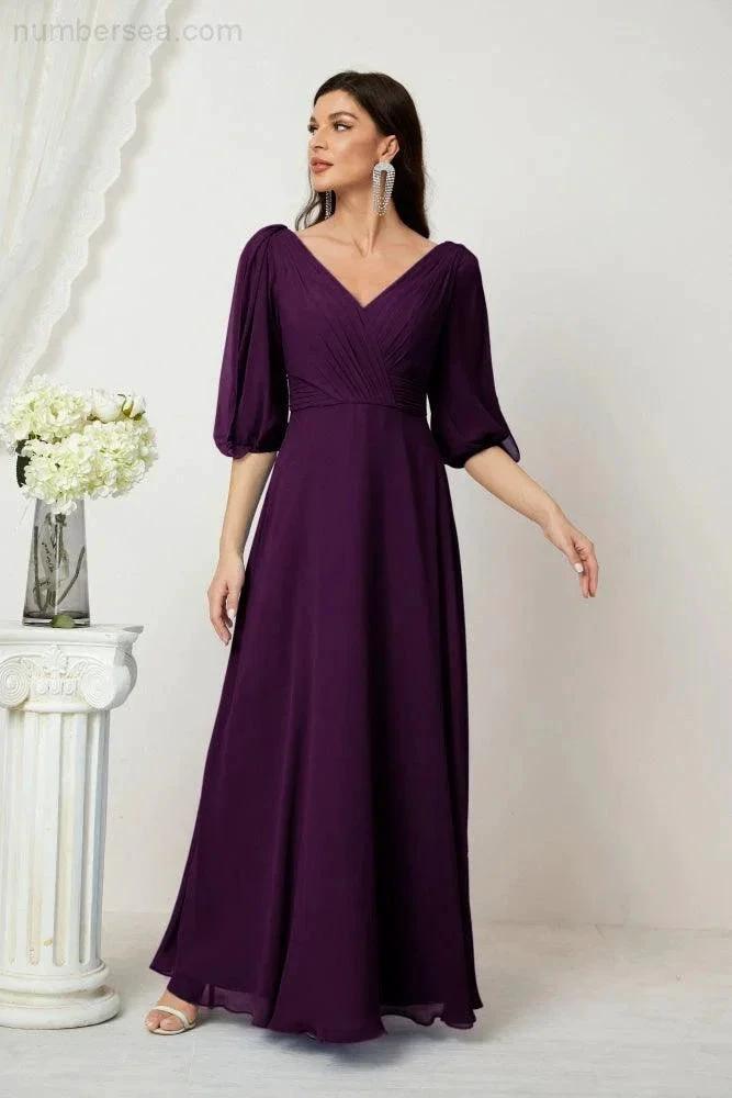 Numbersea Formal Prom Gown Women V-Neck Chiffon Bridesmaid Dresses Long Bishop Sleeve Party Dress 2807 by numbersea