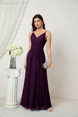 Numbersea Chiffon V-Neck Bridesmaid Dress Spaghetti Strap Long Formal Party Prom Gowns with Slit 28010