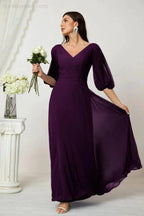 Numbersea Formal Prom Gown Women V-Neck Chiffon Bridesmaid Dresses Long Bishop Sleeve Party Dress 2807 by numbersea