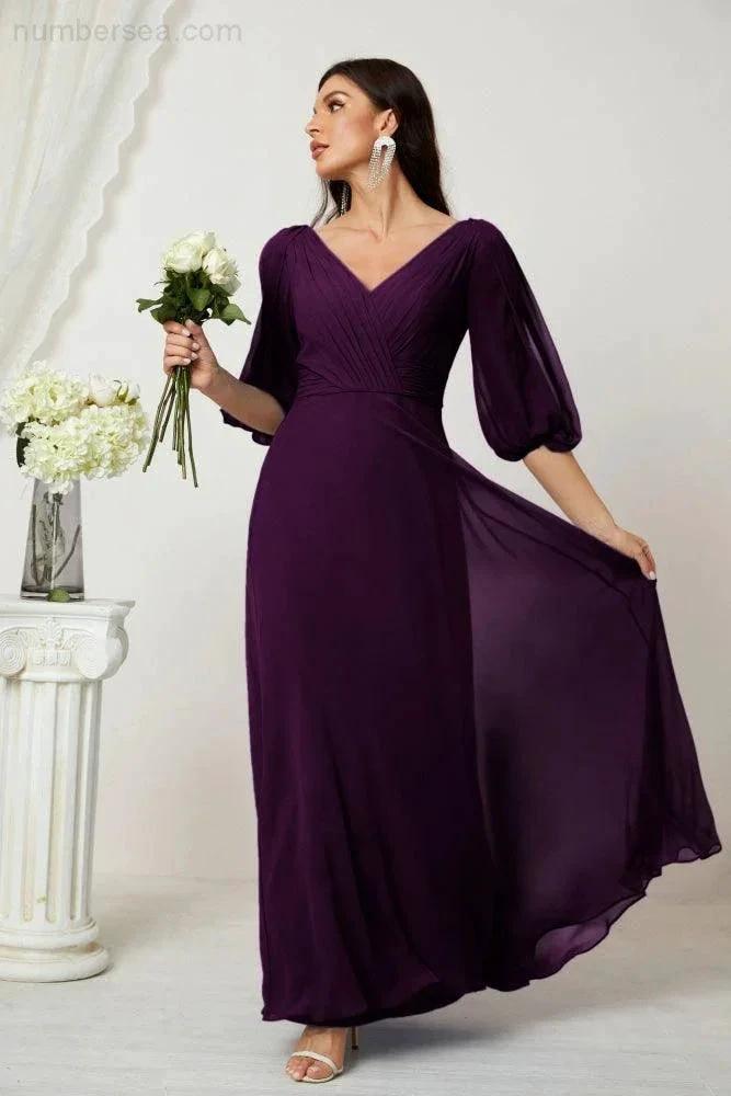 Numbersea Formal Prom Gown Women V-Neck Chiffon Bridesmaid Dresses Long Bishop Sleeve Party Dress 2807 by numbersea