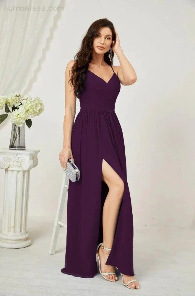 Numbersea Neck Bridesmaid Dresses Chiffon Long Spaghetti A-line Formal Prom Gown for Wedding Party Evening 2801 by numbersea