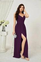 Numbersea Neck Bridesmaid Dresses Chiffon Long Spaghetti A-line Formal Prom Gown for Wedding Party Evening 2801 by numbersea