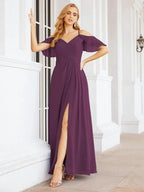 Numbersea Cold Shoulder Long Bridesmaid Dresses Side Slit Formal Prom Gowns Party Wedding 28070 by numbersea