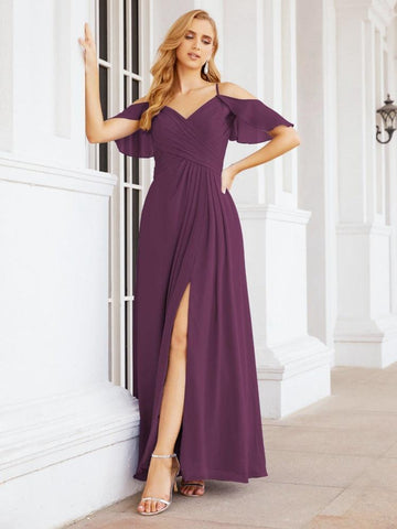 Numbersea Cold Shoulder Long Bridesmaid Dresses Side Slit Formal Prom Gowns Party Wedding 28070