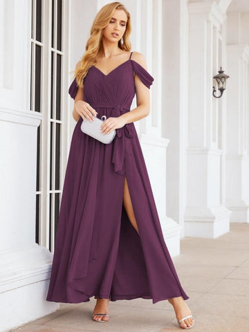 Numbersea Off The Shoulder Chiffon Bridesmaid Dress Long Formal Graduation Gown with Cowl Back 28069
