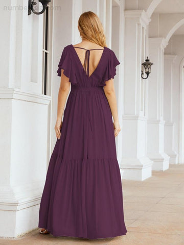 Numbersea Women's Open Back Formal Evening Party Prom Gowns V-Neck Long Chiffon Bridesmaid Dresses with Waist Belt 28038
