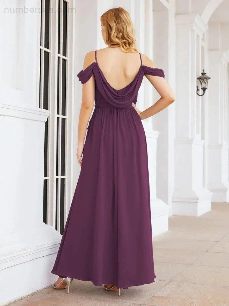 Numbersea Off The Shoulder Chiffon Bridesmaid Dress Long Formal Graduation Gown with Cowl Back 28069 by numbersea