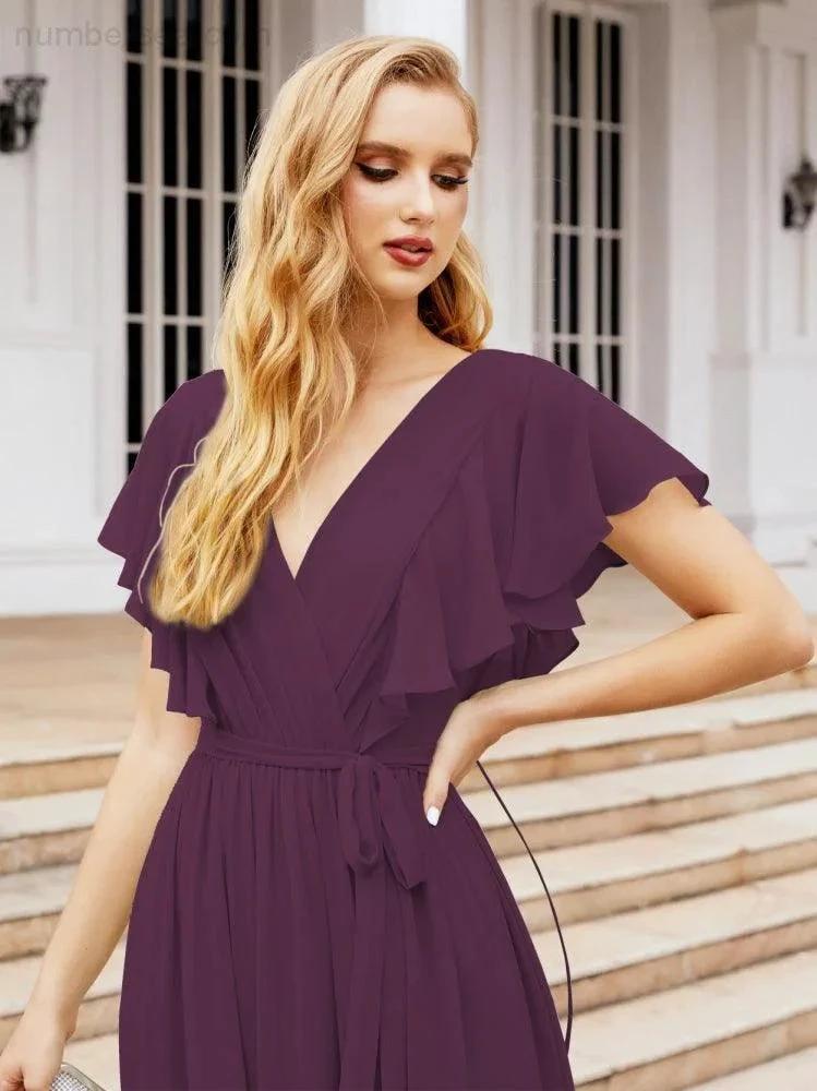 Numbersea Women's Open Back Formal Evening Party Prom Gowns V-Neck Long Chiffon Bridesmaid Dresses with Waist Belt 28038 by numbersea