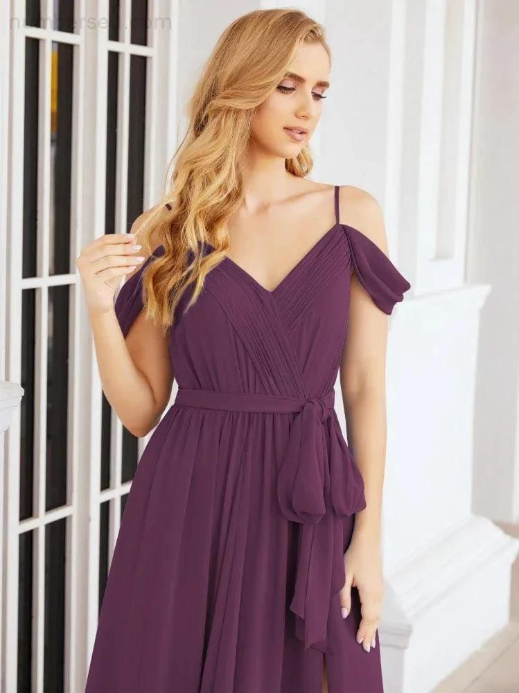Numbersea Off The Shoulder Chiffon Bridesmaid Dress Long Formal Graduation Gown with Cowl Back 28069 by numbersea