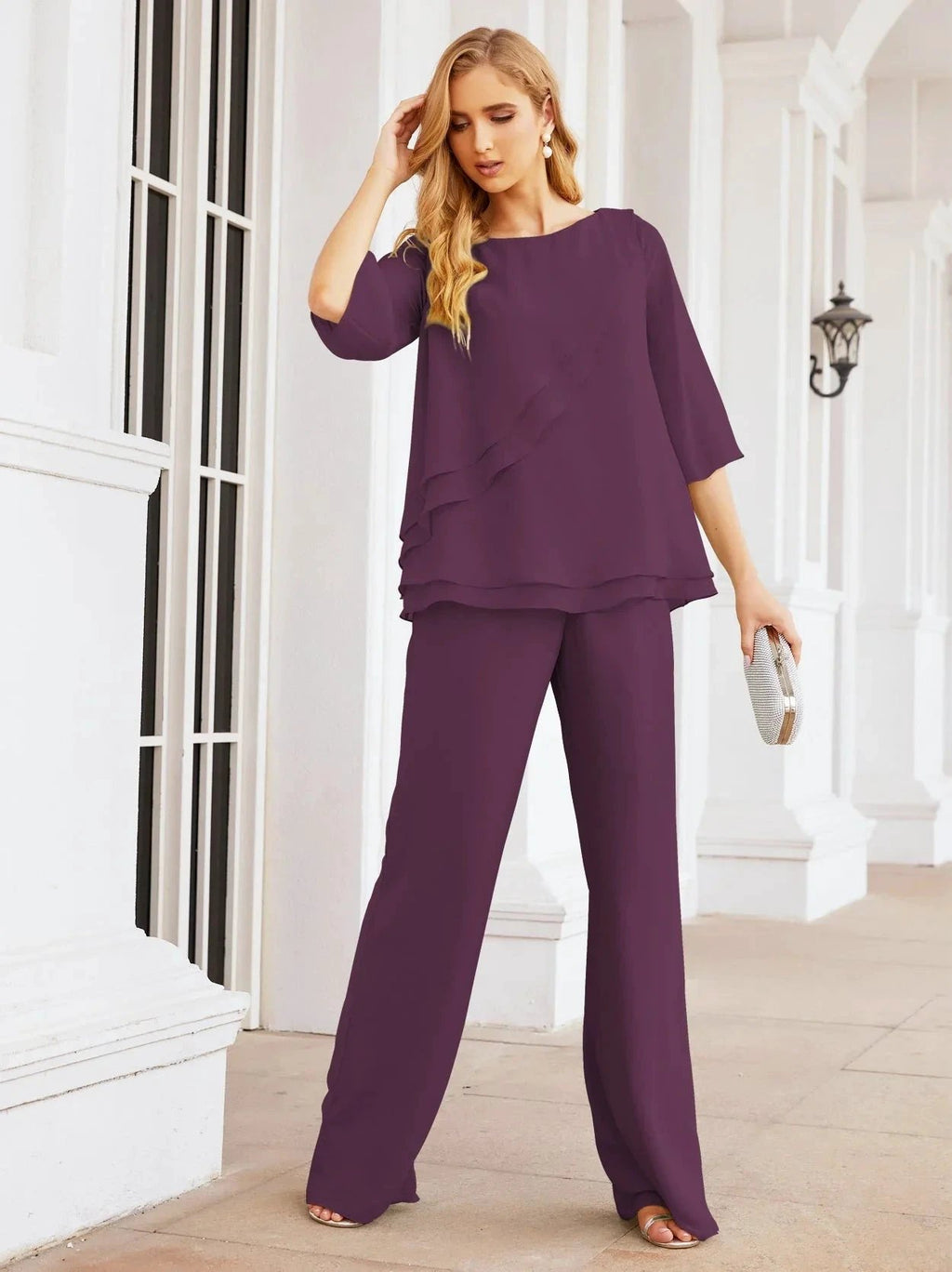 Sunnderly Elegant 2 Piece Mother of The Bride Dress Plus Size Pant Suits Ruffle Layers Sliver Housecoat SY28064 by numbersea