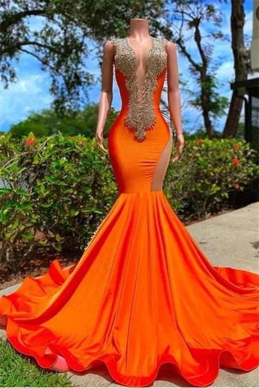 Orange Long V Neckline Sleeveless Beads Mermaid Backless Prom Dresses by BIZTUNNEL