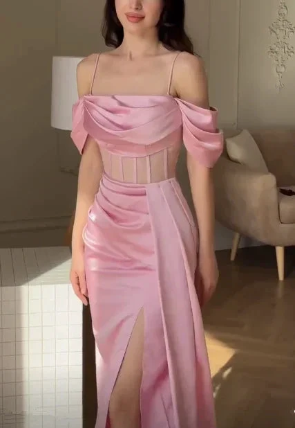 Elegant Pink Off The Shoulder Mermaid Prom Dress Slit Evening Dress Y7625 by simplepromdress