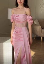 Elegant Pink Off The Shoulder Mermaid Prom Dress Slit Evening Dress Y7625 by simplepromdress