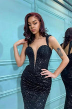 Off The Shoulder Sweetheart Mermaid Prom Dress with Black Sequins by BIZTUNNEL
