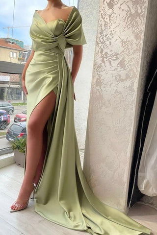 Elegant Sage Long Off the Shoulder Mermaid Satin Prom Dress with Slit