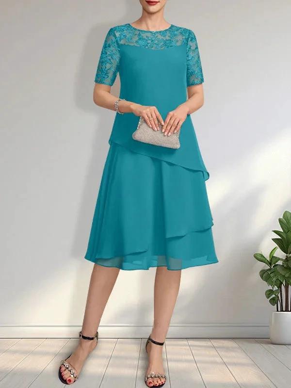A-line Scoop Illusion Knee-Length Lace Chiffon Mother of the Bride Dress With Sequins by Dreamylily