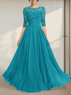 A-line Scoop Illusion Floor-Length Chiffon Lace Mother of the Bride Dress With Pleated Sequins by Dreamylily