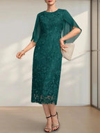 Sheath/Column Scoop Tea-Length Lace Chiffon Mother of the Bride Dress by Dreamylily