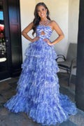 Emmeline| Blue Print Halter Keyhole Ruffle Tiered Long Prom Dress by KissProm