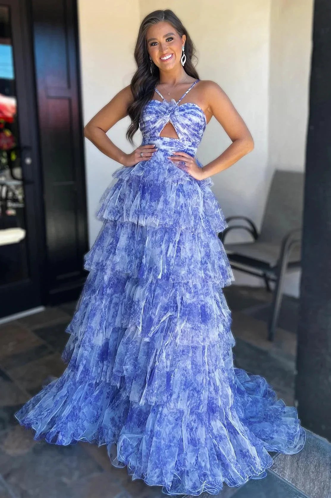 Emmeline| Blue Print Halter Keyhole Ruffle Tiered Long Prom Dress by KissProm