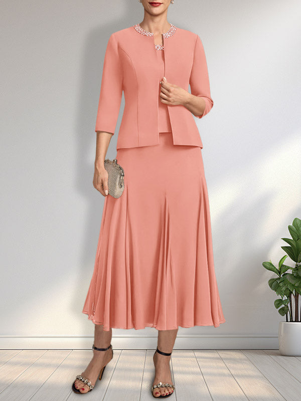 Separates A-line Scoop Tea-Length Chiffon Mother of the Bride Dress With Sequins Beading
