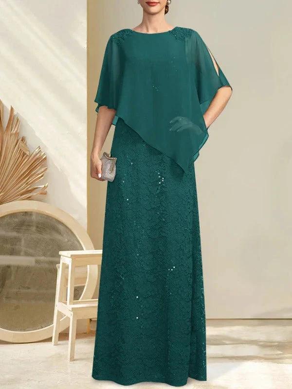Sheath/Column Scoop Floor-Length Chiffon Lace Mother of the Bride Dress With Sequins Beading by Dreamylily