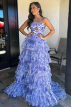 Emmeline| Blue Print Halter Keyhole Ruffle Tiered Long Prom Dress by KissProm