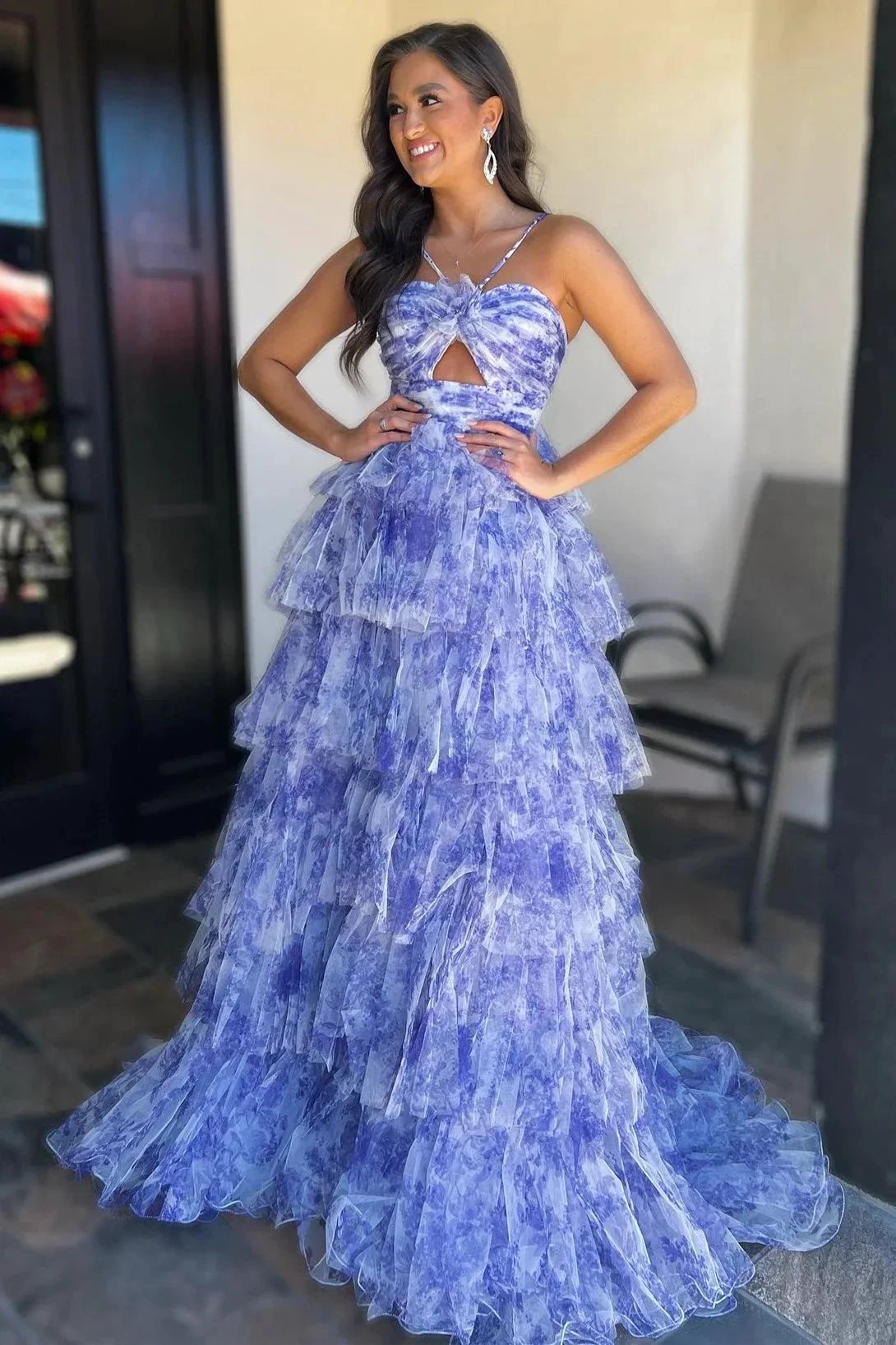 Emmeline| Blue Print Halter Keyhole Ruffle Tiered Long Prom Dress by KissProm