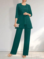 Jumpsuit/Pantsuit Separates Scoop Floor-Length Chiffon Lace Mother of the Bride Dress With Sequins by Dreamylily