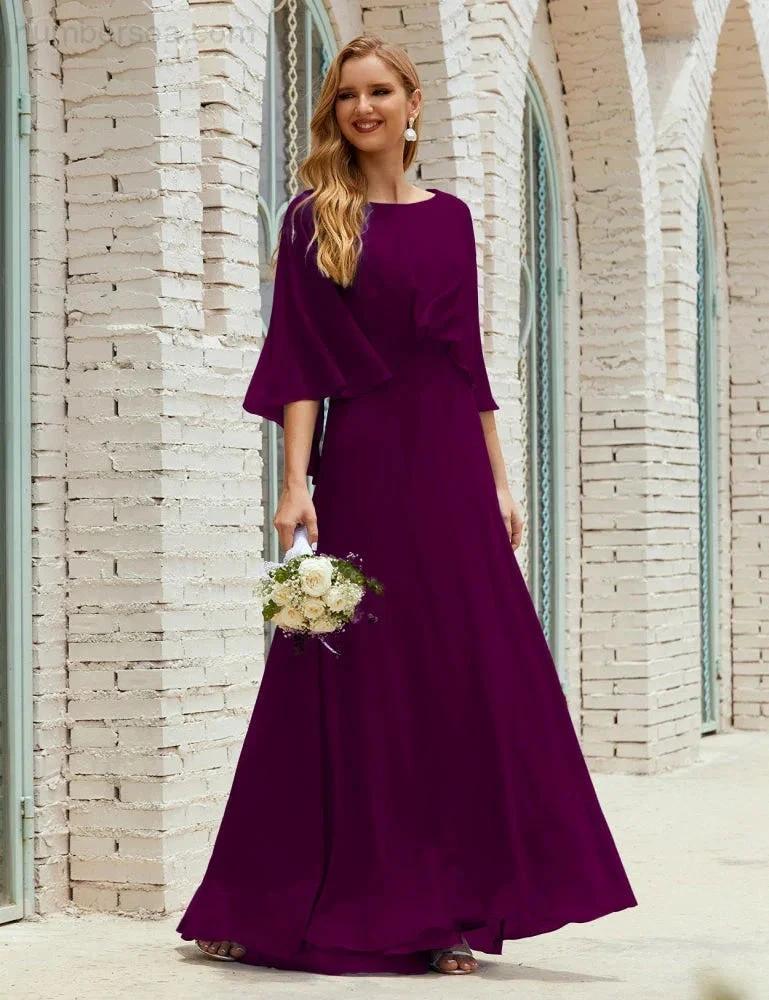 Sunnderly Bridesmaid Dress Women Long Sleeve V-Neck Chiffon Formal Wedding Party Dress SY28018 by numbersea