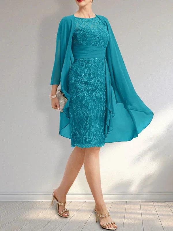 Sheath Scoop Illusion Knee-Length Lace Chiffon Mother of the Bride Dress With Cascading Ruffles Sequins by Dreamylily