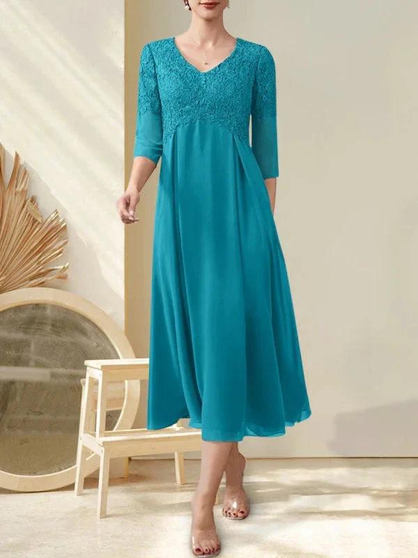 A-line V-Neck Tea-Length Chiffon Lace Mother of the Bride Dress With Beading by Dreamylily