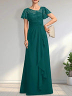 A-line Asymmetrical Illusion Floor-Length Lace Chiffon Mother of the Bride Dress With Cascading Ruffles Sequins by Dreamylily