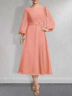 A-line Scoop Tea-Length Chiffon Mother of the Bride Dress With Crystal Brooch Pleated by Dreamylily