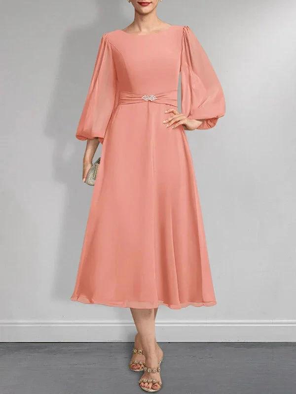 A-line Scoop Tea-Length Chiffon Mother of the Bride Dress With Crystal Brooch Pleated by Dreamylily