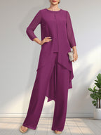 Separates Jumpsuit/Pantsuit Scoop Floor-Length Chiffon Mother of the Bride Dress With Sequins Beading