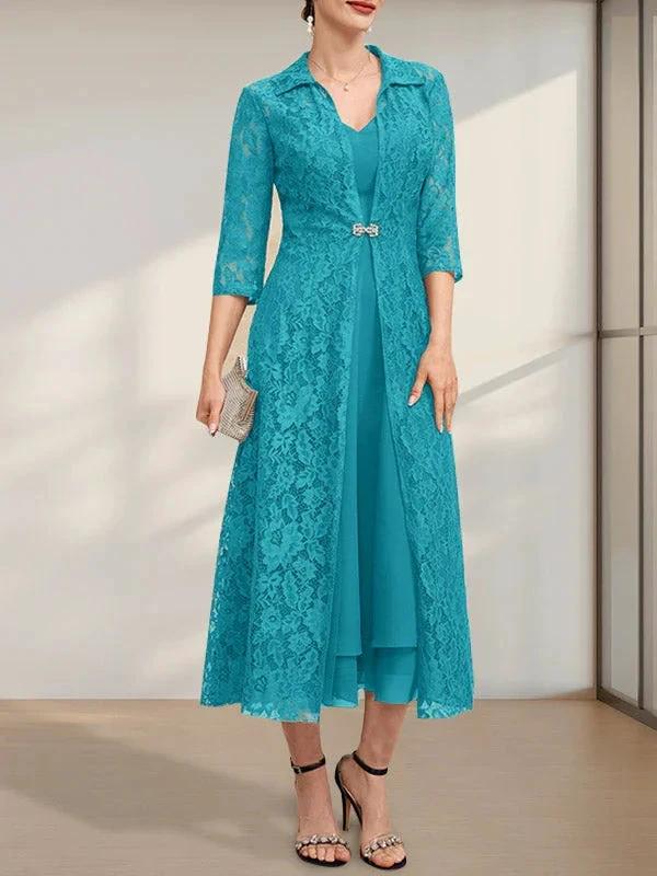 A-line V-Neck Tea-Length Chiffon Mother of the Bride Dress by Dreamylily